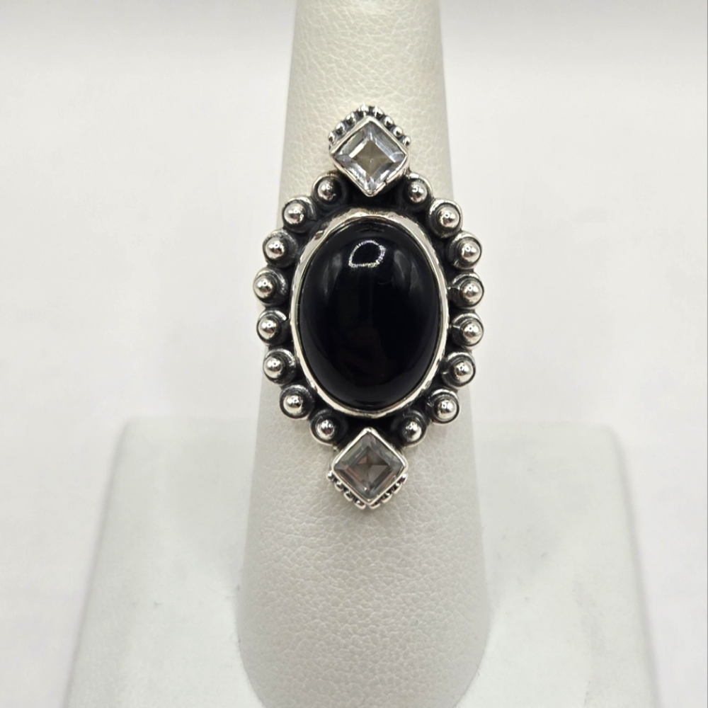 Black Onyx and White Topaz Sterling Silver Statement Ring Size 7
